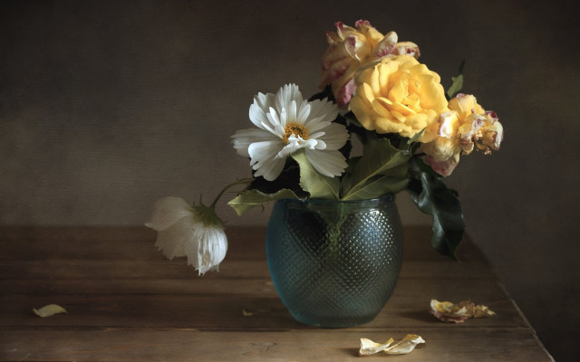 Vase flowers leaves brown background free wallpaper - medium preview image