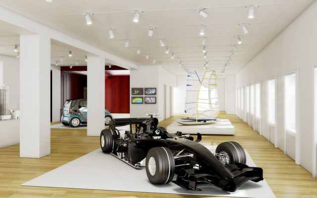 Red white car museum rendering free wallpaper - medium preview image