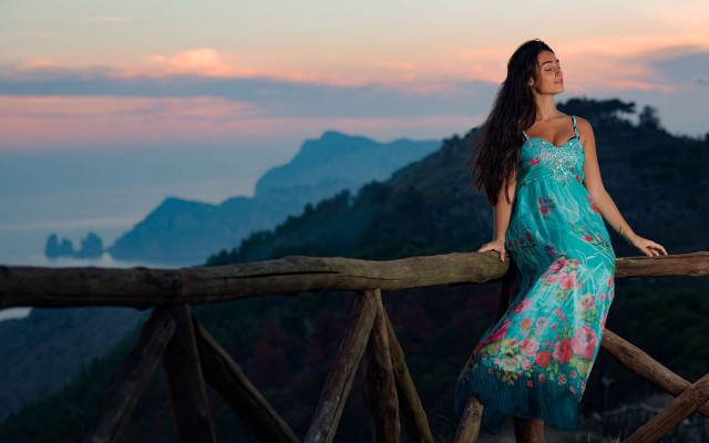 Woman bridge mountains sunset fashion free wallpaper - medium preview image