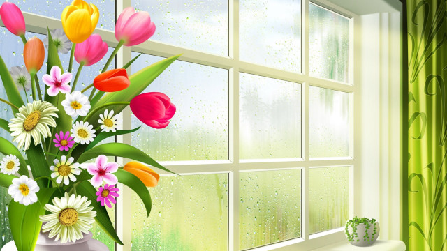 Vase flowers window sill green free wallpaper - medium preview image