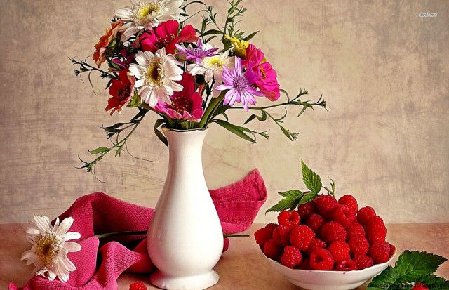 White vase flowers raspberries bowl free wallpaper - medium preview image