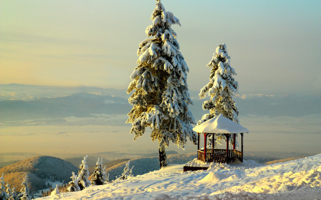Gazebo snow trees mountain winter free wallpaper - medium preview image