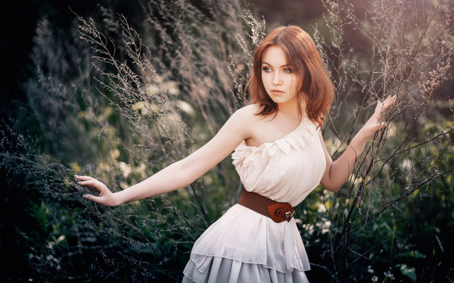 Woman white dress field flowers #7 free wallpaper - medium preview image