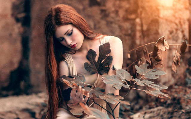 Woman redhair plant closedeyes cinematic free wallpaper - medium preview image