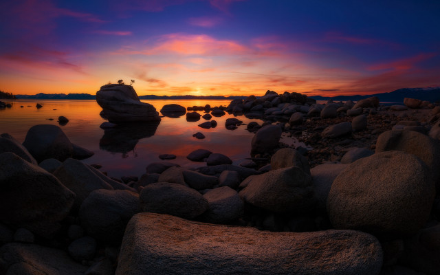 Sunset lake rocks birds cloudy free wallpaper - medium preview image