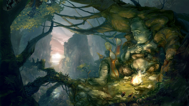 Man tree stump forest fire free wallpaper - medium preview image