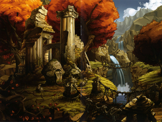 Forest waterfall castle background painting free wallpaper - medium preview image
