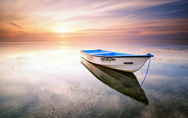 Small boat lake sunset cloudy free wallpaper - medium preview image