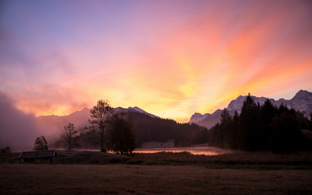 Sunset mountain lake bench forest free wallpaper - medium preview image