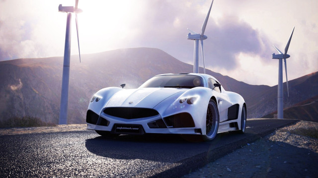 White sports car wind turbines free wallpaper - medium preview image