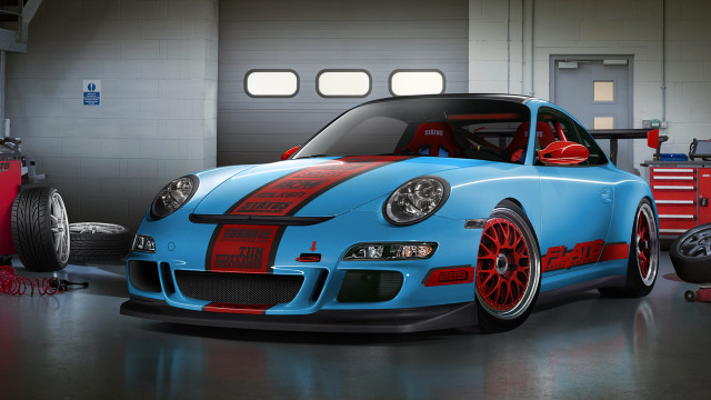 Blue car garage red toolbox free wallpaper - medium preview image