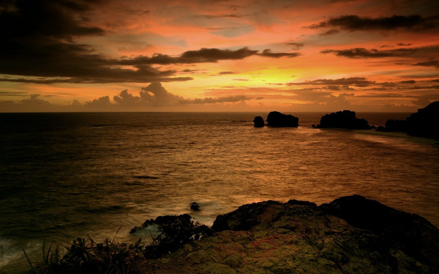 Sunset ocean rocks water city free wallpaper - medium preview image
