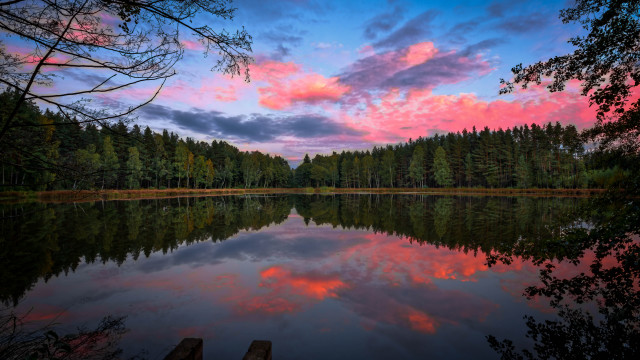 Pink sky lake dock trees free wallpaper - medium preview image