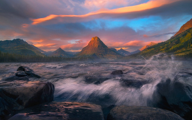 Mountain river cityscape sunset clouds free wallpaper - medium preview image