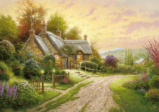 Cottage pathway gate painting scenery free wallpaper - medium preview image