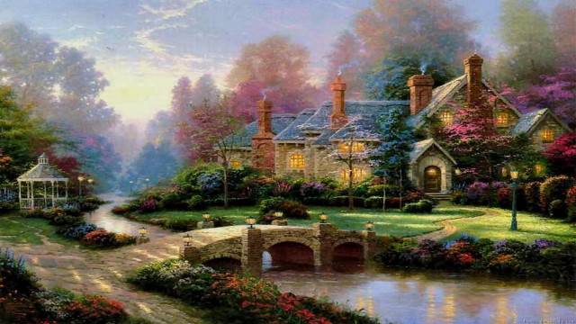 House bridge park flowers trees free wallpaper - medium preview image