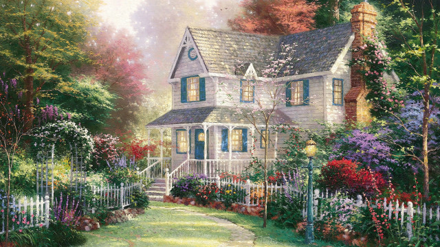 House flowers trees pathway picket free wallpaper - medium preview image