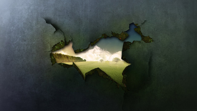 Broken wall hole window green free wallpaper - medium preview image