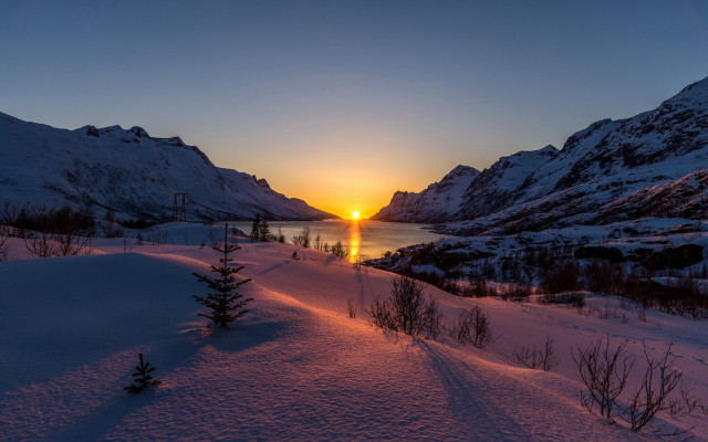 Sunset snowy mountain lake trees free wallpaper - medium preview image