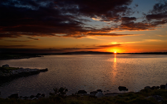 Sunset lake rocks cows hills free wallpaper - medium preview image