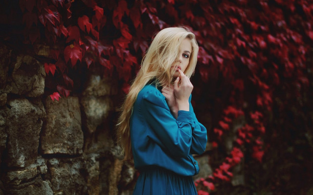 Woman blue dress autumn leaves #3 free wallpaper - medium preview image