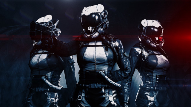 Three people futuristic suits red free wallpaper - medium preview image
