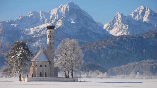 Church snowyfield mountains romanescematte bridge free wallpaper - medium preview image