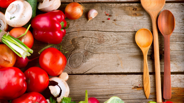 Wooden table vegetables spoons fruit free wallpaper - medium preview image