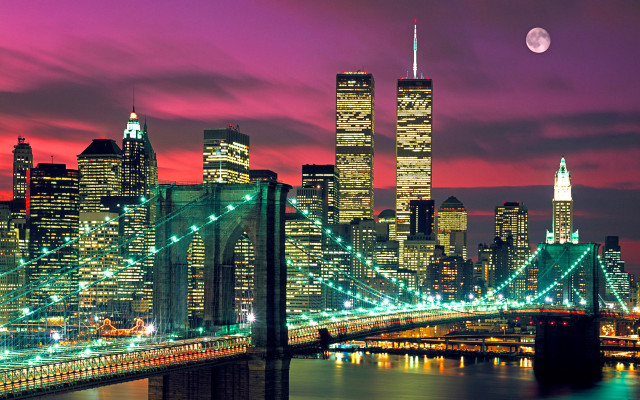 City skyline bridge moon pink free wallpaper - medium preview image