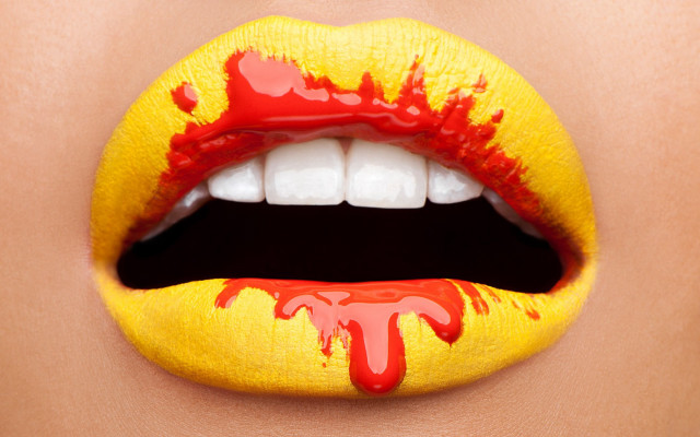 Yellow red painted lips white free wallpaper - medium preview image