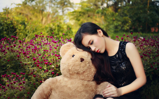 Woman flower field teddy bear free wallpaper - medium preview image
