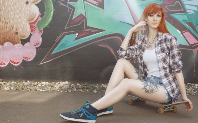 Red haired woman skateboard graffiti free wallpaper - medium preview image