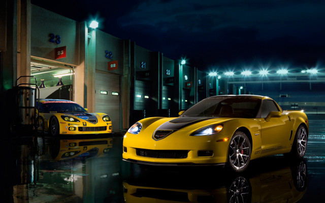 Yellow sports car night reflection free wallpaper - medium preview image