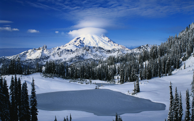 Snowy mountain lake trees blue free wallpaper - medium preview image