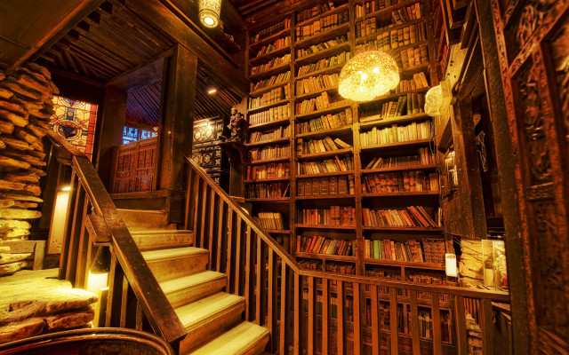 Magical library staircase bookshelf lamp free wallpaper - medium preview image