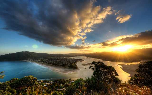 Sunset beach water city mountain free wallpaper - medium preview image