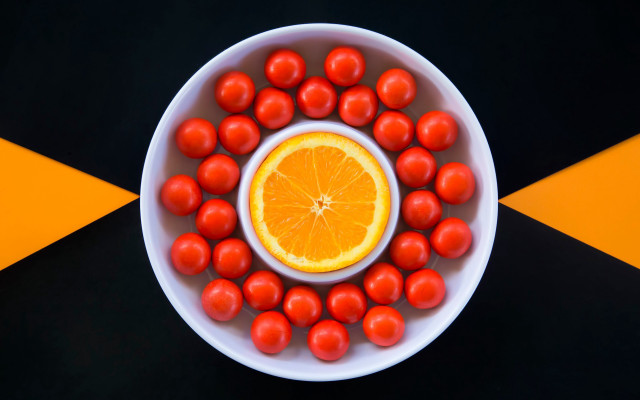 Tomatoes orange bowl striped background free wallpaper - medium preview image
