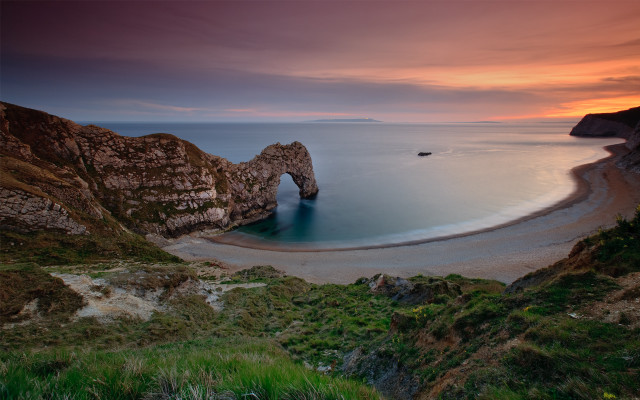 Beach rock formation sunset boat free wallpaper - medium preview image