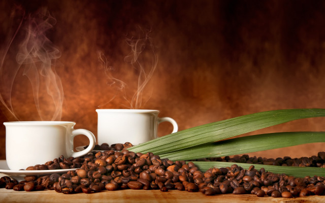 Coffee cups beans leaves digital free wallpaper - medium preview image