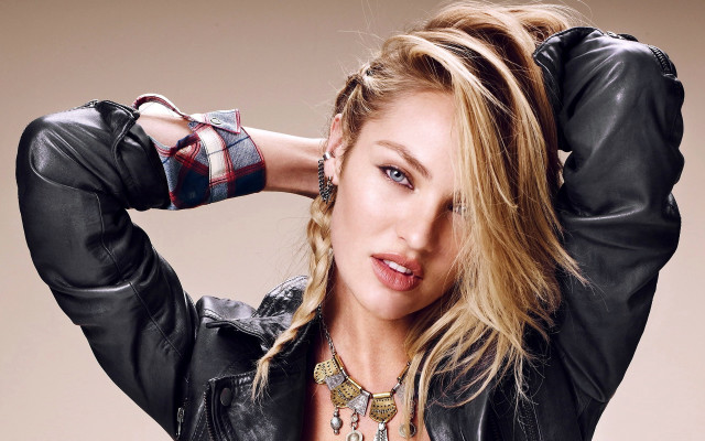 Blonde leather jacket necklace fashion free wallpaper - medium preview image