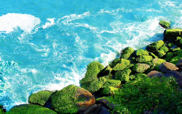 Rocky shore moss waterwave sky free wallpaper - medium preview image