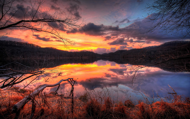 Sunset lake trees clouds autumn free wallpaper - medium preview image