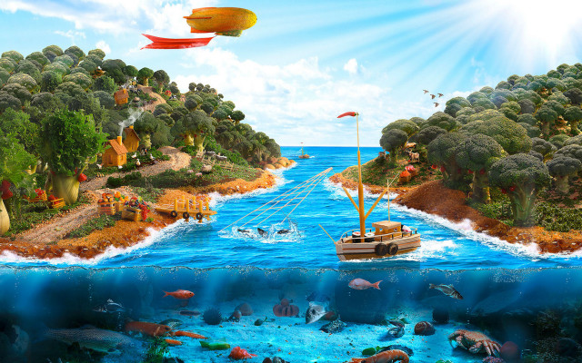 Ecological boat fish ocean digital free wallpaper - medium preview image