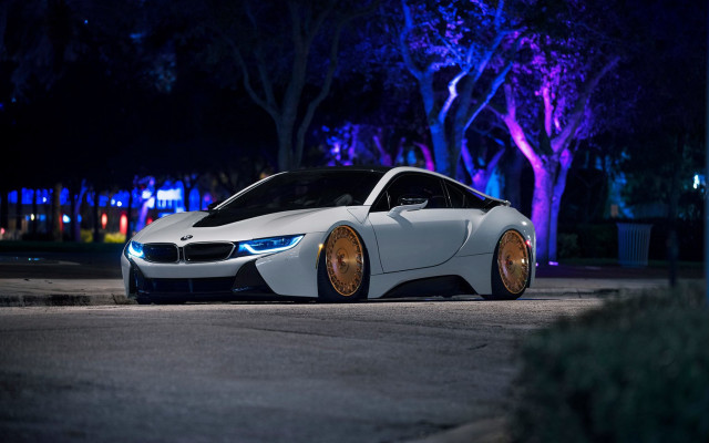 White car night forest road free wallpaper - medium preview image