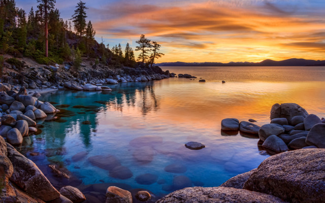 Sunset lake rocks trees clouds #2 free wallpaper - medium preview image