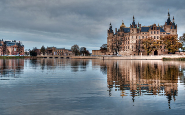 Large building lake forest cloudy free wallpaper - medium preview image