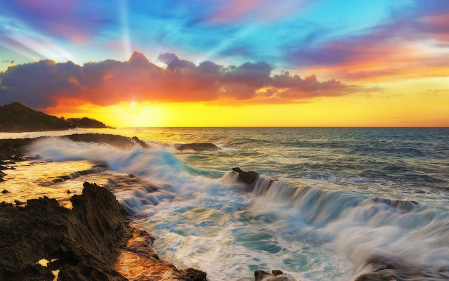 Sunset ocean waves cliff mystical free wallpaper - medium preview image