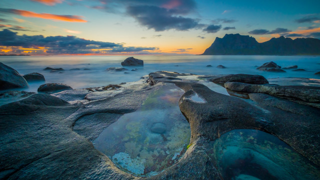 Rocky beach mountains sunset clouds free wallpaper - medium preview image