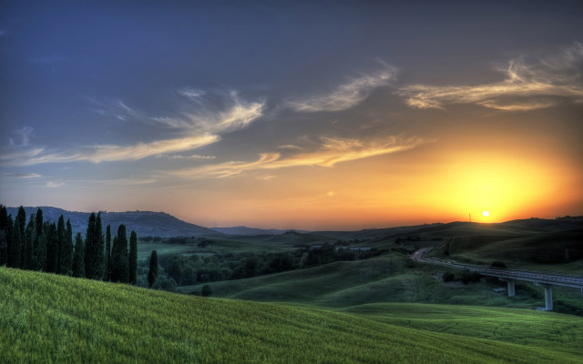 Sunset green field bridge mountain #2 free wallpaper - medium preview image