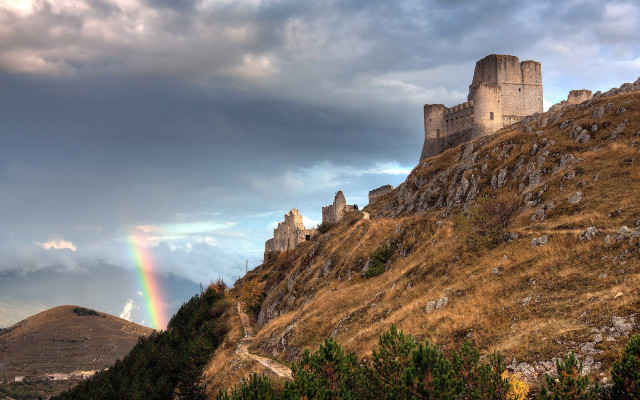 Rainbow castle hillscape medieval matte free wallpaper - medium preview image
